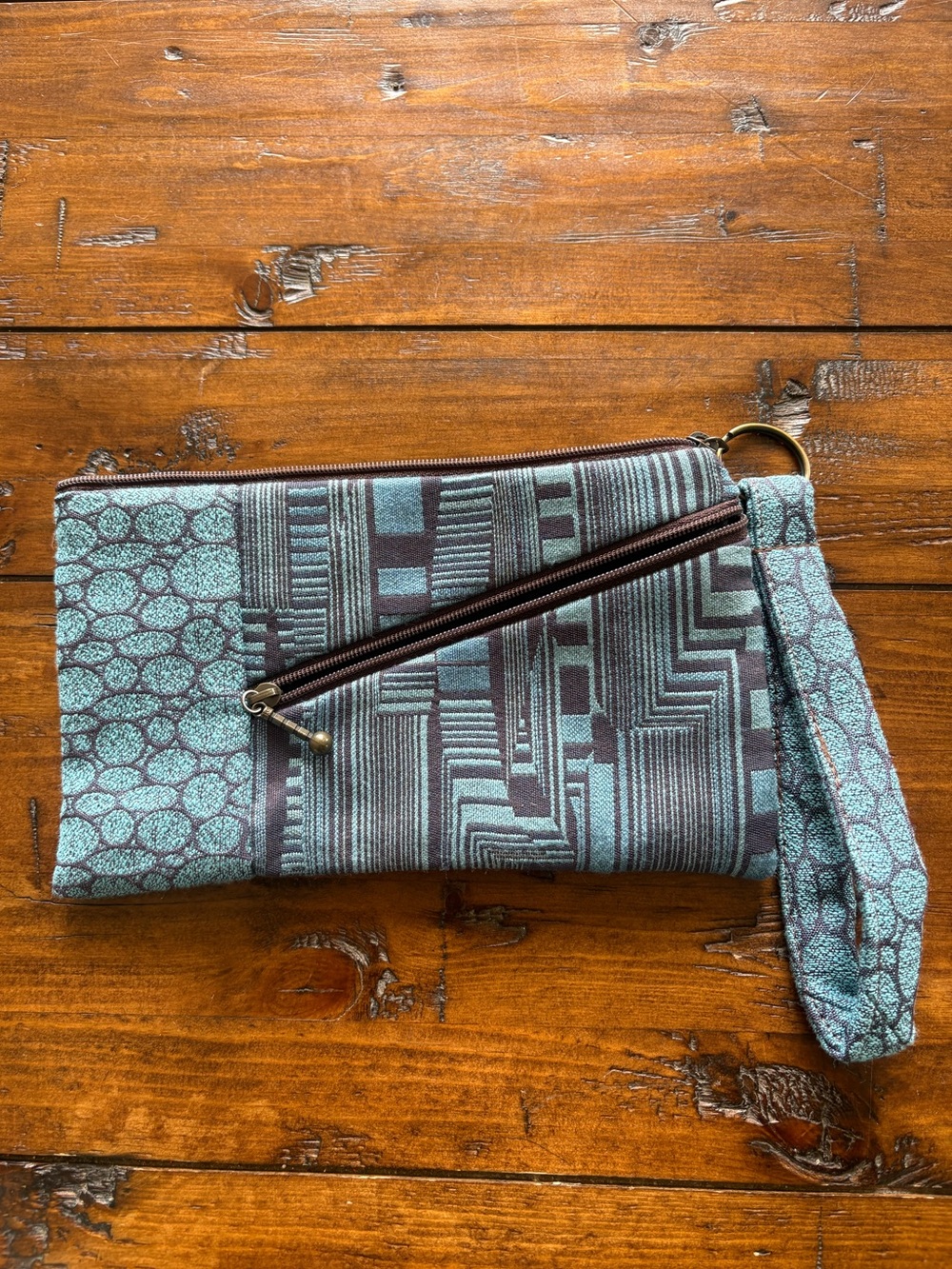 Stylish Teal & Brown Patterned Wristlet Clutch